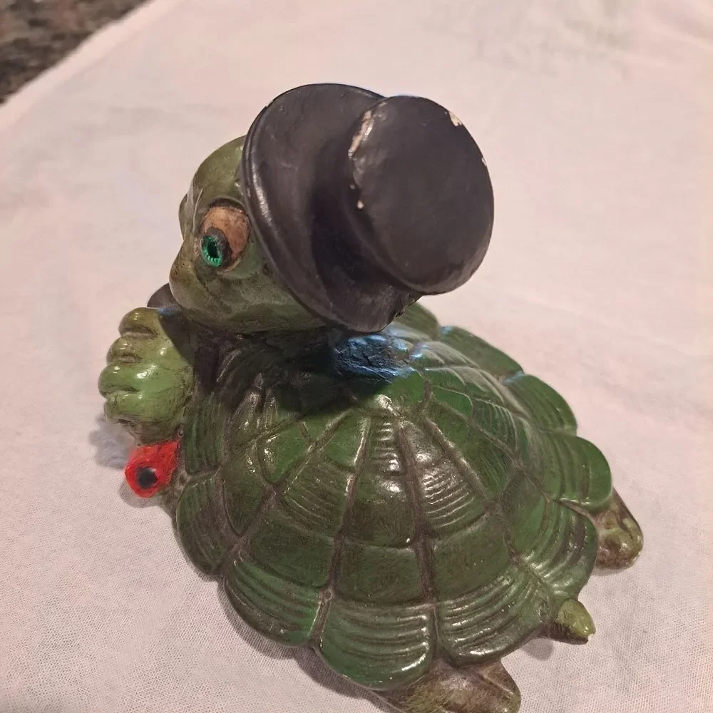 Vintage ceramic art turtle statue figurine with top hat and bow tie cottagecore